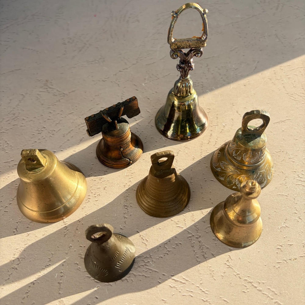 Vintage Brass and Metal Bell Collection Lot of 7 Liberty Bell Etched Hand Bells